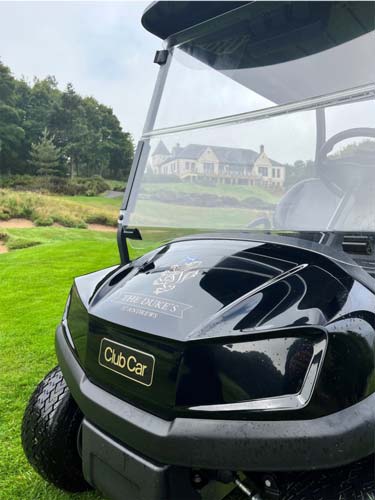 Close up of custom logo on golf cart cowl