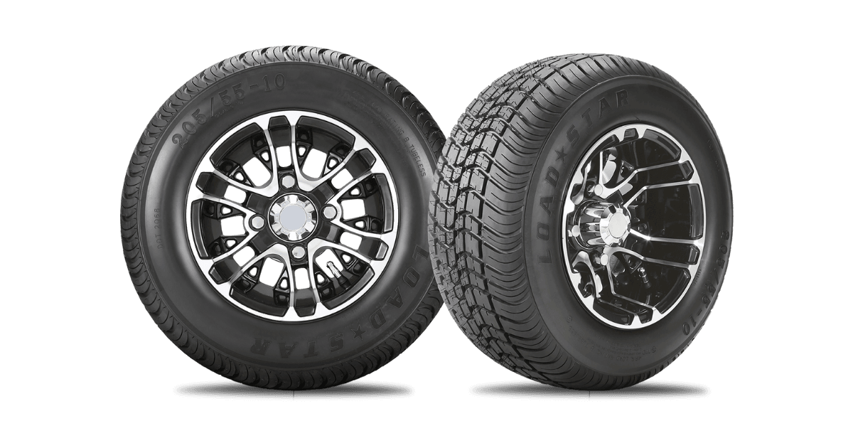 Pair of 10-inch gloss black Mercury wheel with 205/55-10 Loadstar street tires for standard ride height golf cart